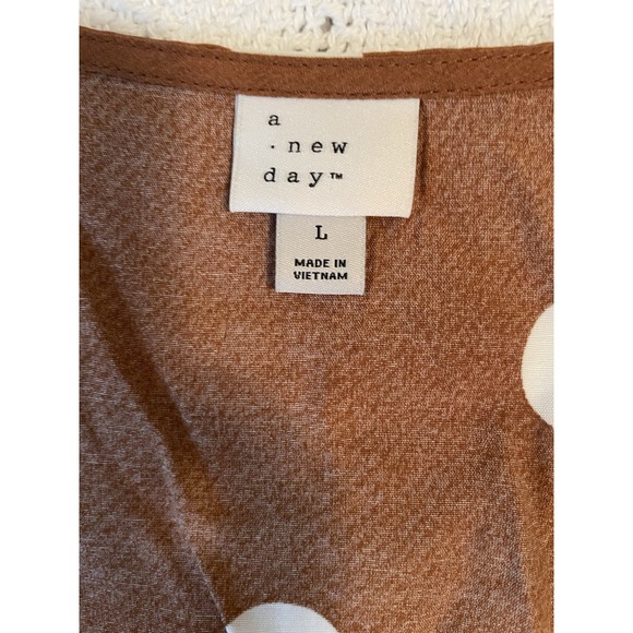 A New Day Women's Maxi Dress Brown Size Large Polka Dots plunge V-Neck Peasant - Picture 5 of 10